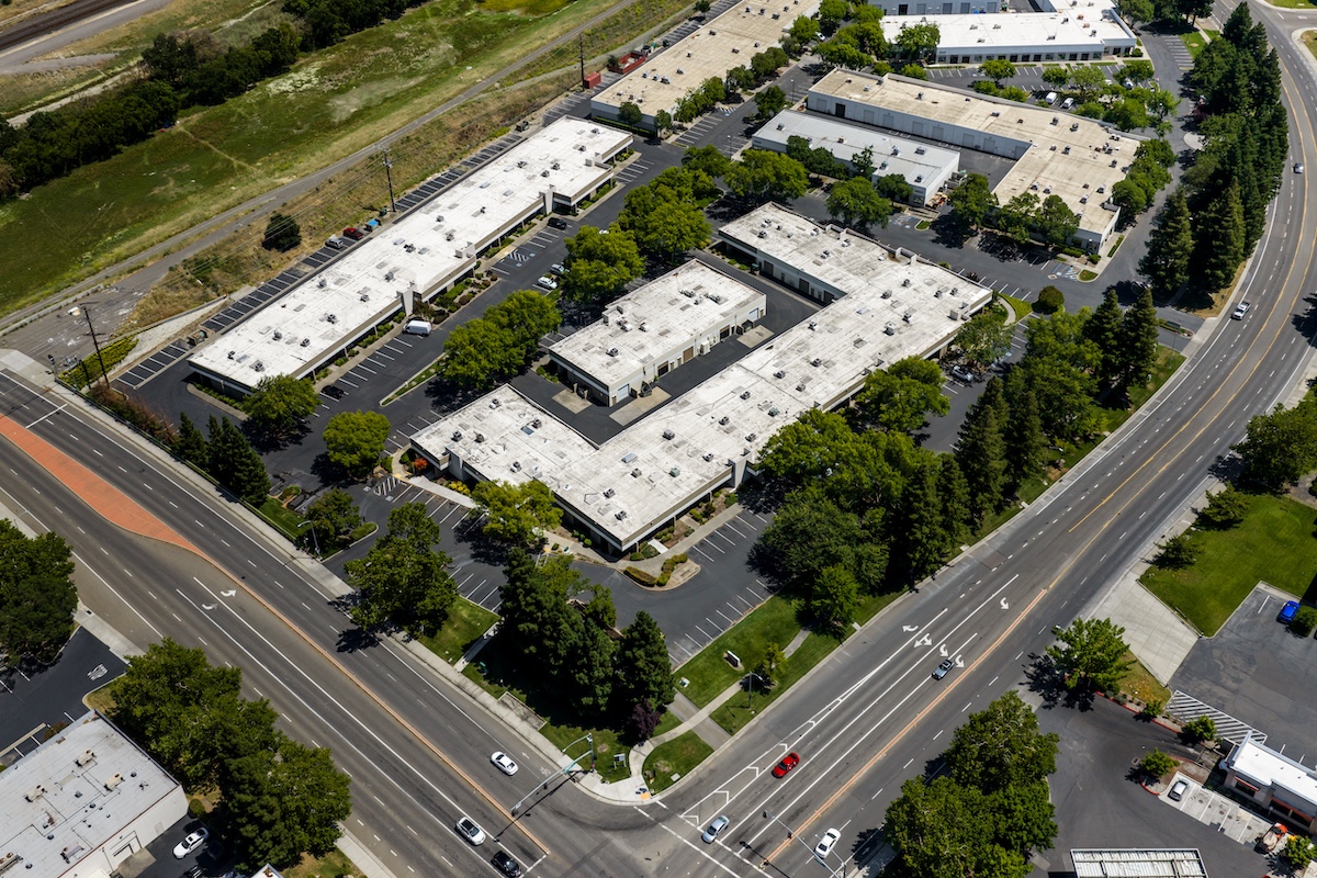 Commercial real estate buildings and surrounding landscape
