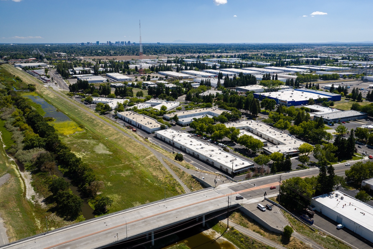 Commercial real estate buildings and surrounding landscape